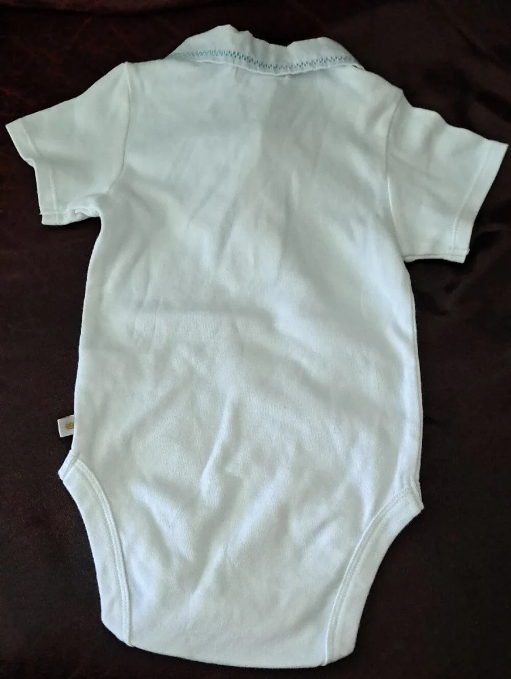 Baby Luxuries 12 Months White Polo-Style Baby One-Piece with Blue Trim